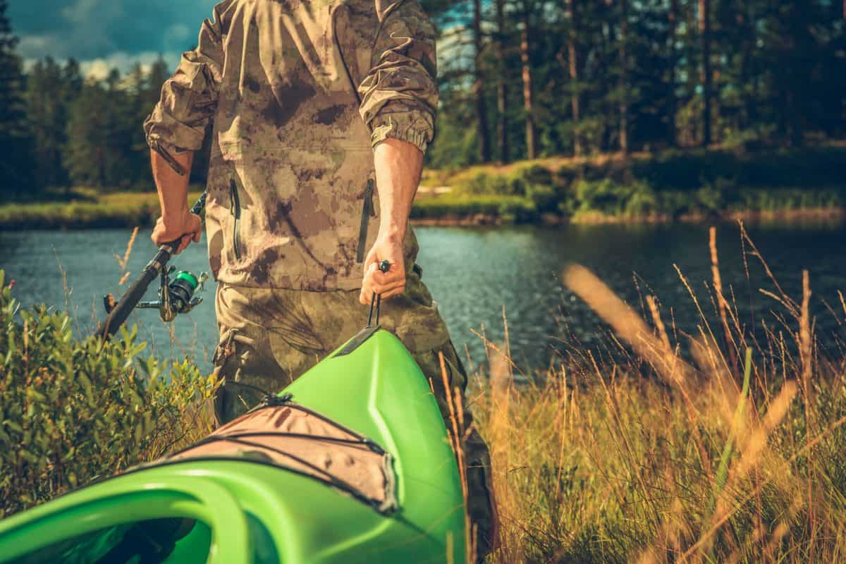 Fisherman Wearing Camouflage with Tandem Kayak .