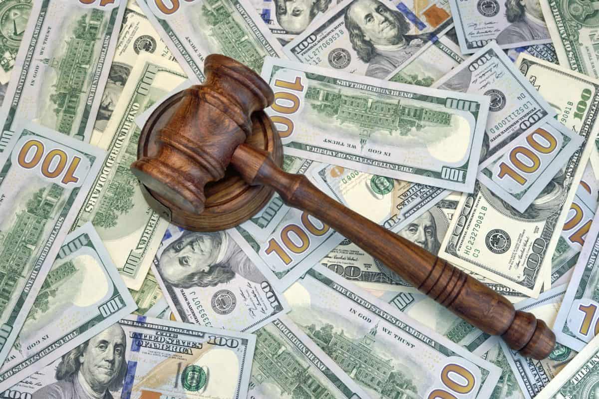 Judges Or Auctioneer Gavel On The Dollar Cash Background, Top View, Close-Up. Concept For Corruption, Bankruptcy, Bail, Crime, Bribing, Fraud, BUI, DUI, Fines