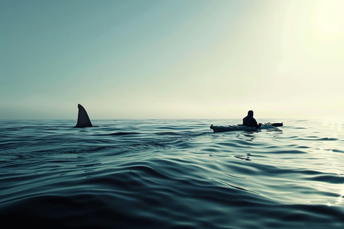 Dorsal Fin breaks the surface of the water with kayaker in background