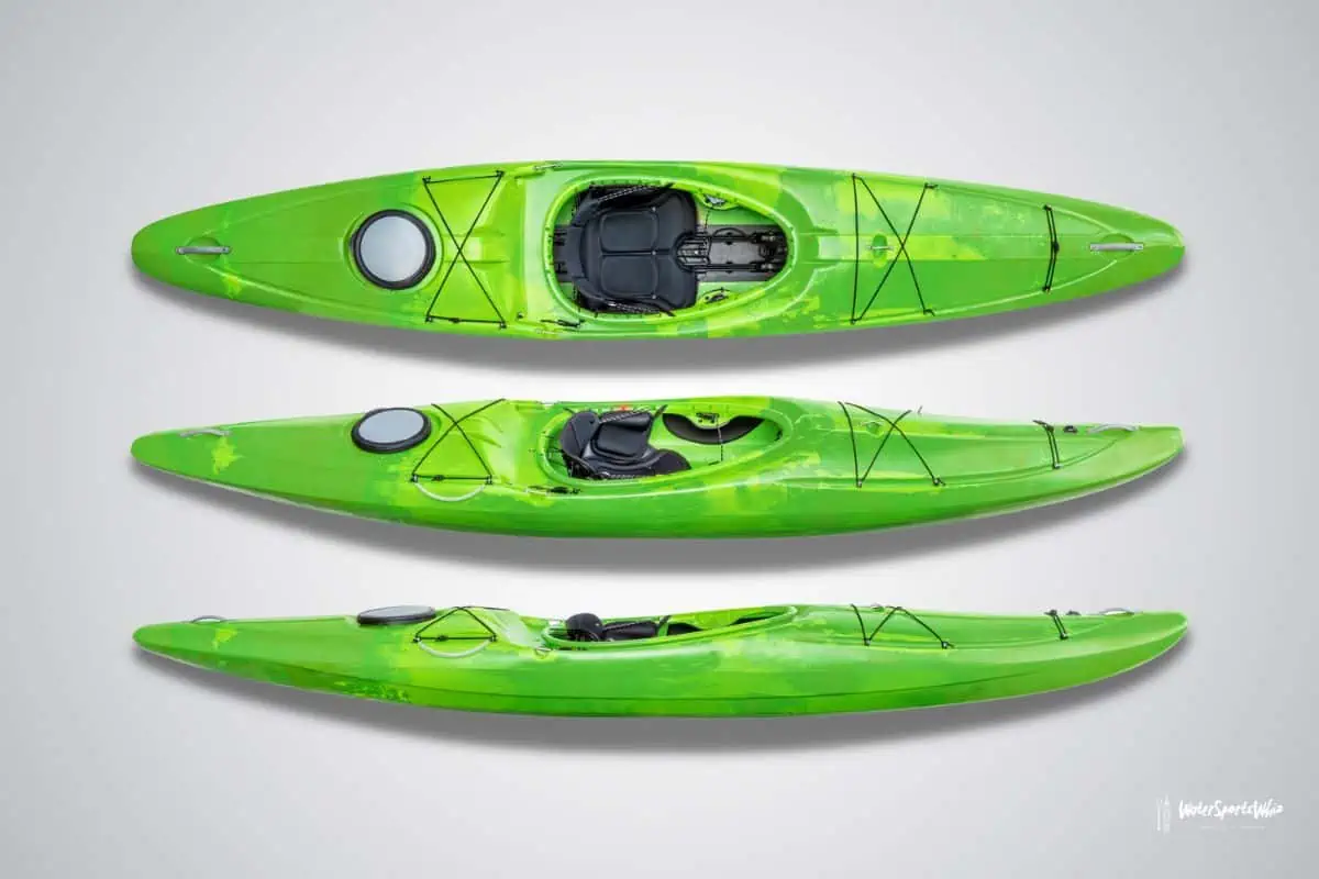 Green touring kayak with open cockpit and sealed bulkheads